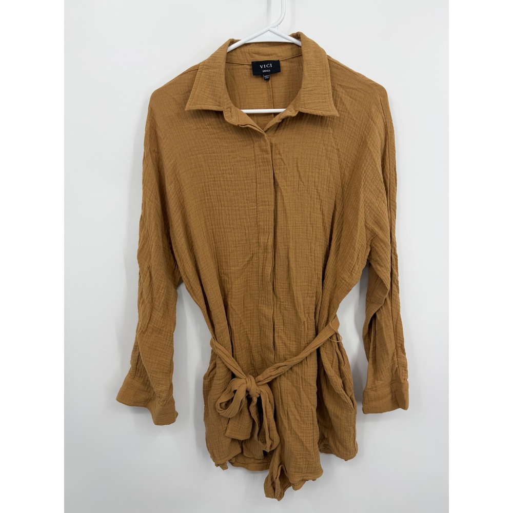 VICI Gauze Button Down Romper Womens Small Brown Belted Long Sleeve Crinkle